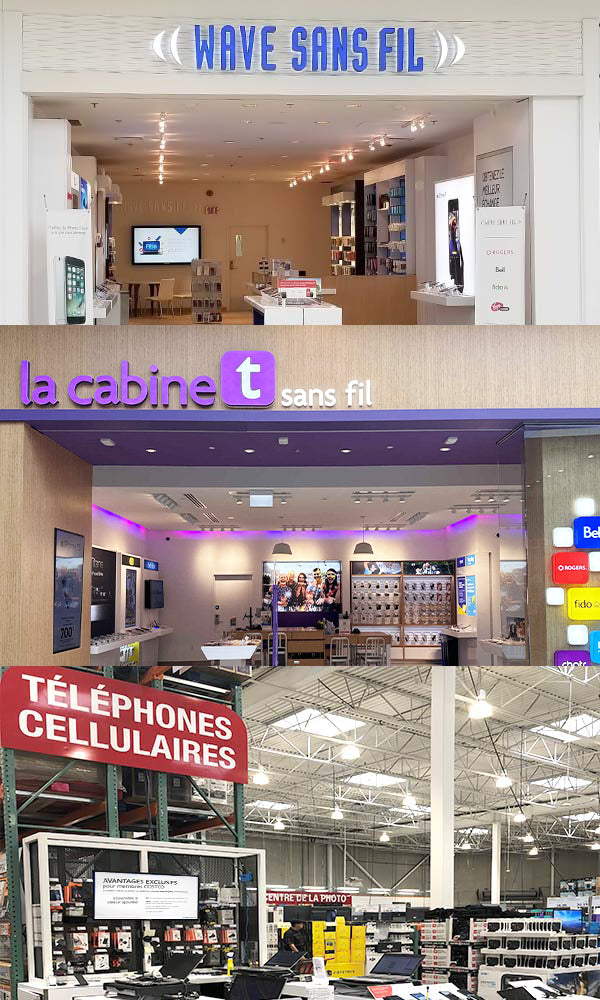 Wave sans fil, la cabine t sans fil, le Kiosk sans fil @ Costco, et La boutique Mobile